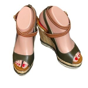 PALOMA BARCELO Platform
Leather Wicker Wedge Sandals
37 Olive/Brown Ankle Strap